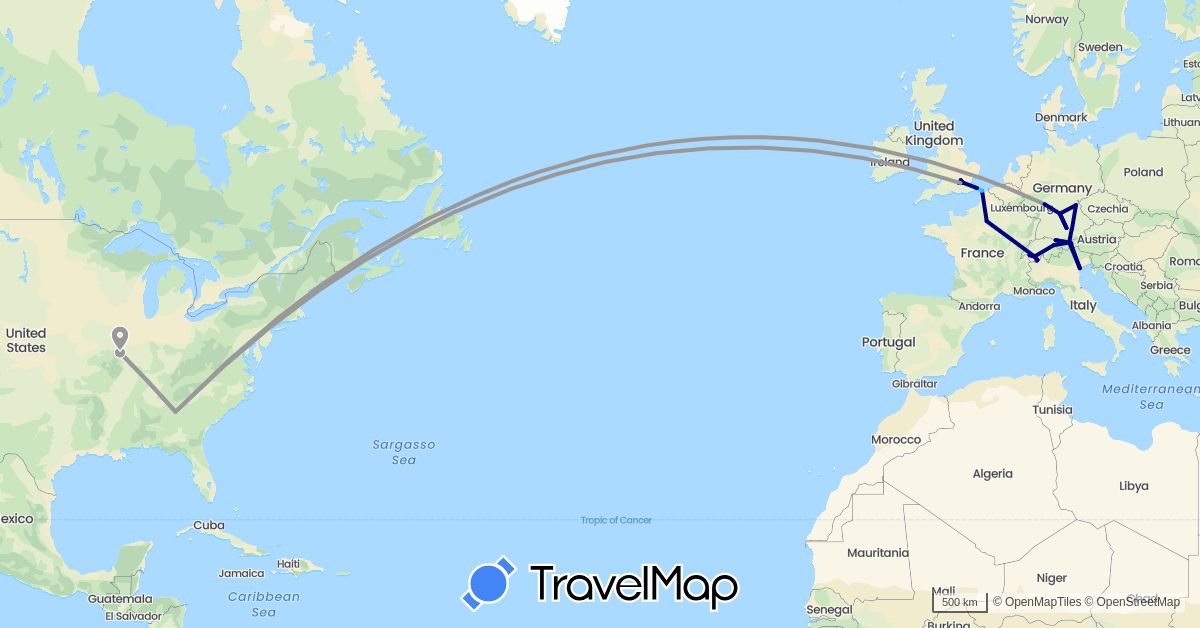 TravelMap itinerary: driving, plane, train, boat in Austria, Switzerland, Germany, France, United Kingdom, Italy, Liechtenstein, United States (Europe, North America)